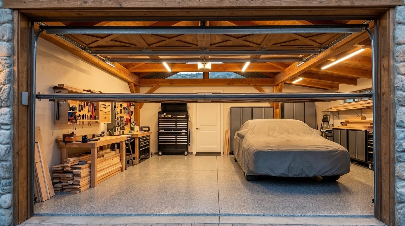 Folsom Garage Door Service Interior View of Custom Garage Door Overhead and Workshop